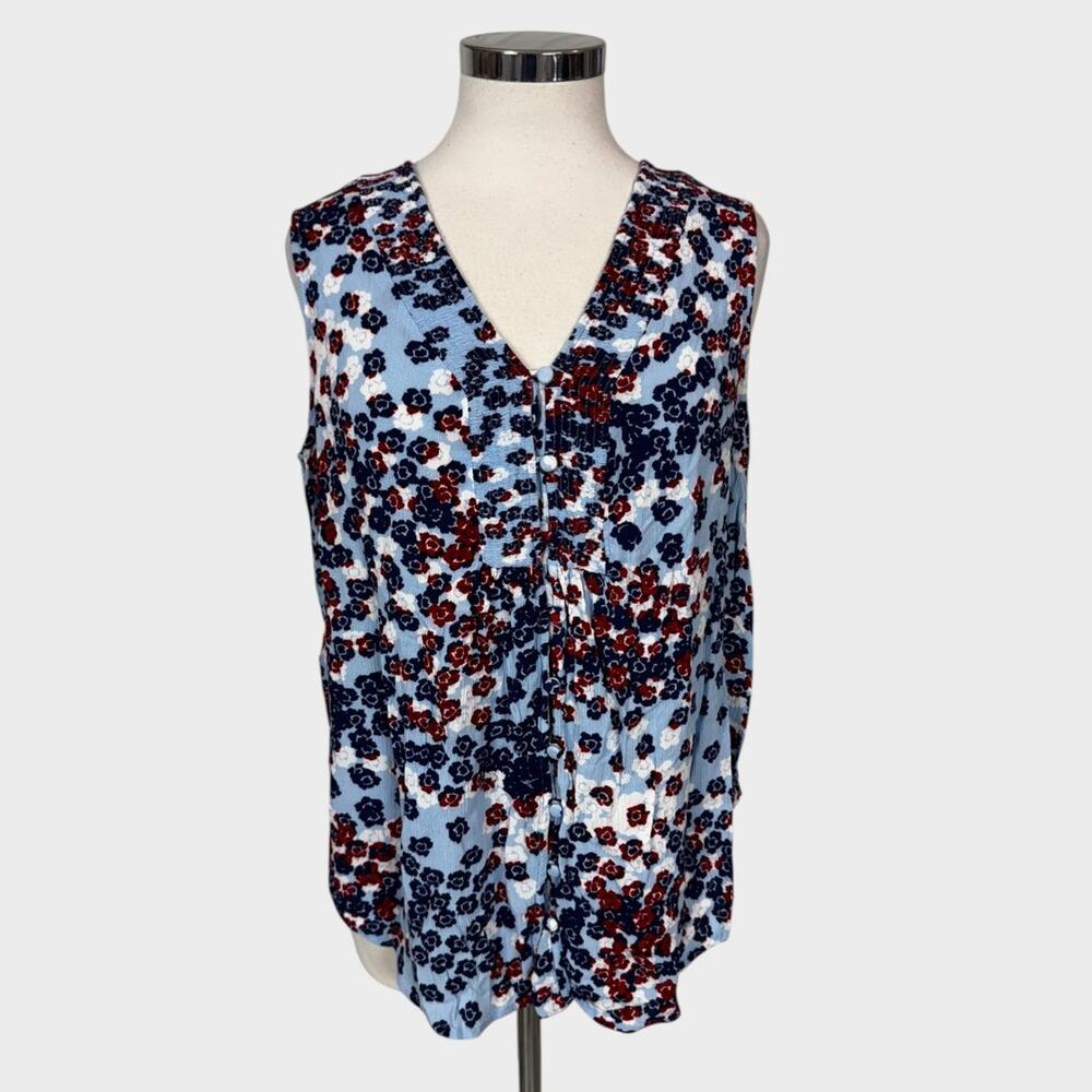 Liz Claiborne Womens XL V Neck Sleeveless Top Floral Blue White Red